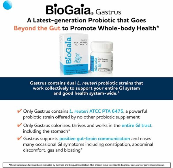 Gastrus Chewable Tablets, Adult Probiotic Supplement for Stomach Discomfort, Constipation, Gas, Bloating, Regularity, Non-Gmo, 30 Tablets, 1 Pack - Image 2
